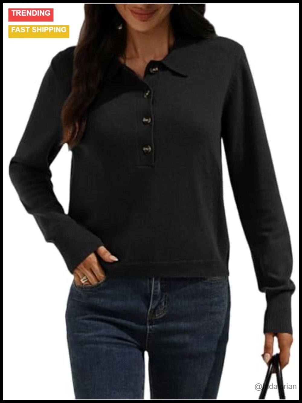 100% Wool Cropped Sweater Polo Collared Button Long Sleeve